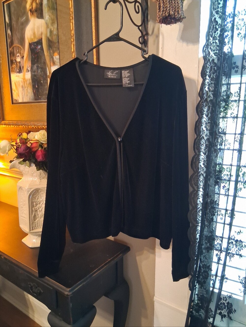 Alfred Dunner Black Velvet Open-Front Cardigan with Single Button